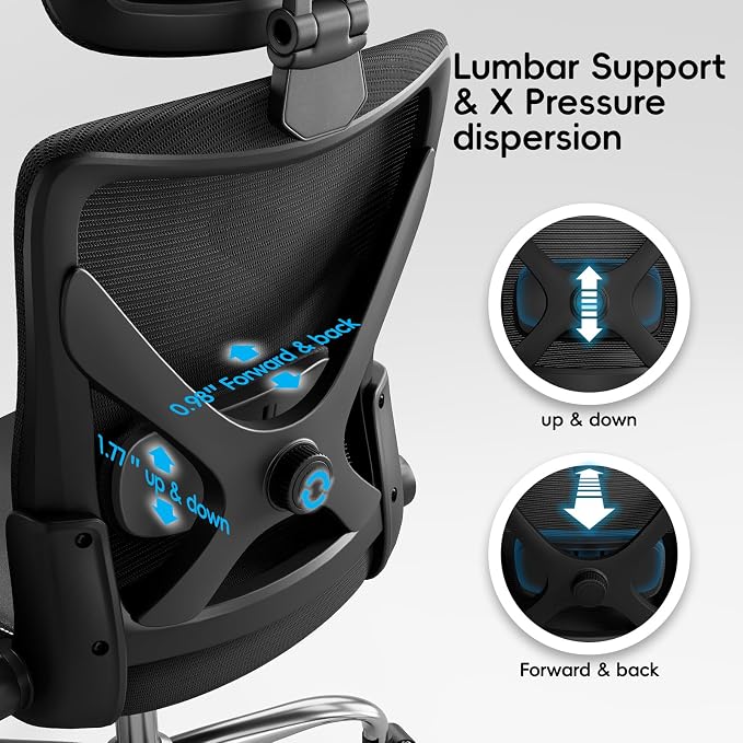 Ergalithic Ergonomic Office Chair-Computer X-Shaped Chair Mesh PU Leather with Adjustable Lumbar Support-Executive Desk Chair High Back with Headrest Flip-Up Arms for Long Hours (Black)