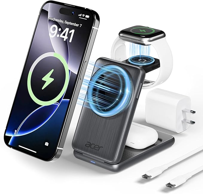Acer 3 in 1 Charging Station for iPhone, Wireless Charger Stand,15W Fast MagSafe Charger for iPhone 17 16 15 14 13 12 Series-Apple Watch 10 9 8 7 6 5 4 3 2 SE and Ultra Series-Airpods 4 3 2 Pro Series