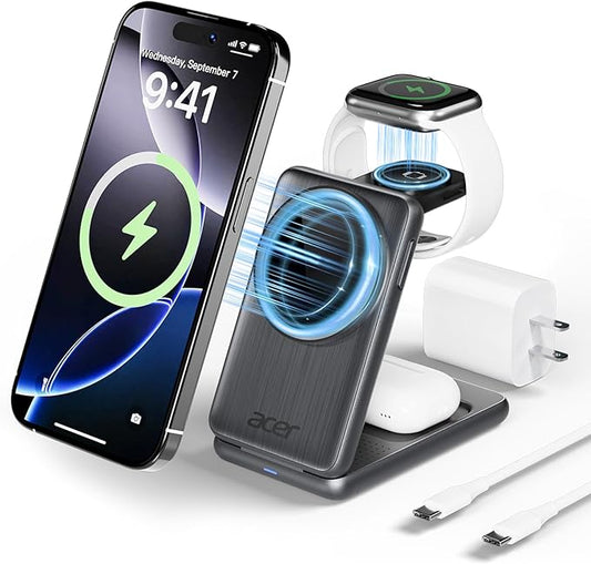 Acer 3 in 1 Charging Station for iPhone, Wireless Charger Stand,15W Fast MagSafe Charger for iPhone 17 16 15 14 13 12 Series-Apple Watch 10 9 8 7 6 5 4 3 2 SE and Ultra Series-Airpods 4 3 2 Pro Series