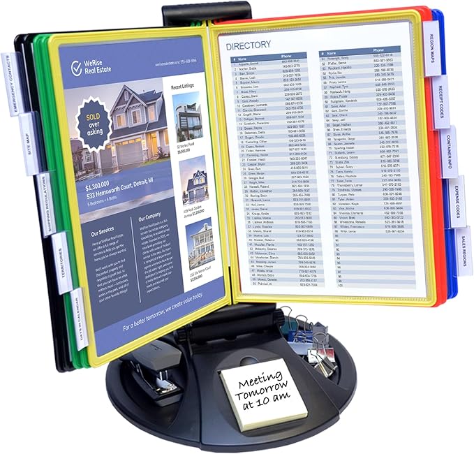 Ultimate Office AdjustaView 10-Pocket Desk Reference Organizer with Supplies Storage Base and EZ-LOAD Pockets to Hold 20 Sheets of Paper, Includes Fast Find Indexing Tabs (Colored Pockets)