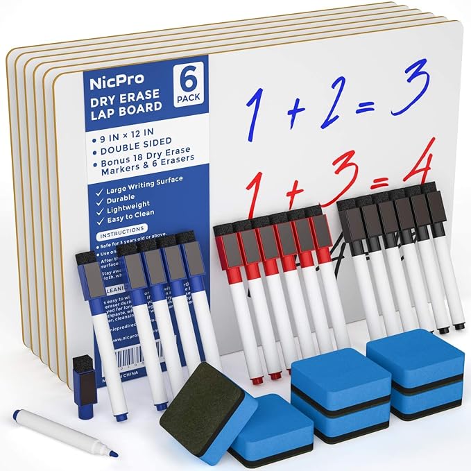 Nicpro 6 Pack Dry Erase Lap Board Kid Double Sided Small Whiteboard 9 x 12 inches with 18 Pens and 6 Erasers Learning Mini White Board Portable Bulk School Supplies for Student and Classroom Use