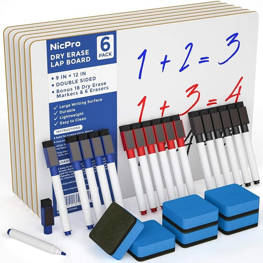 Nicpro 6 Pack Dry Erase Lap Board Kid Double Sided Small Whiteboard 9 x 12 inches with 18 Pens and 6 Erasers Learning Mini White Board Portable Bulk School Supplies for Student and Classroom Use