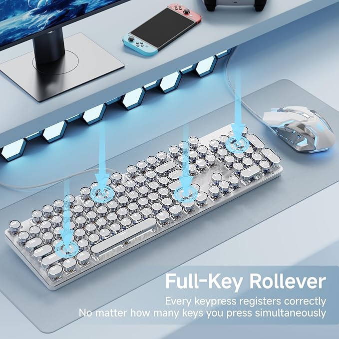EWEADN TK100 Wired Typewriter Mechanical Keyboard and Mouse, 104 Keys Aesthetic Typewriter Keyboard Mouse Combo with White Backlit, Anti-Ghosting, Black Switch Cute Keyboards-White