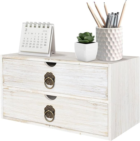 Wood Desk Organizer, White Wooden Desktop Organizer with Drawer, Tabletop Storage Organization Box for Countertop, Home Office Supplies, Bills (2 Drawer)