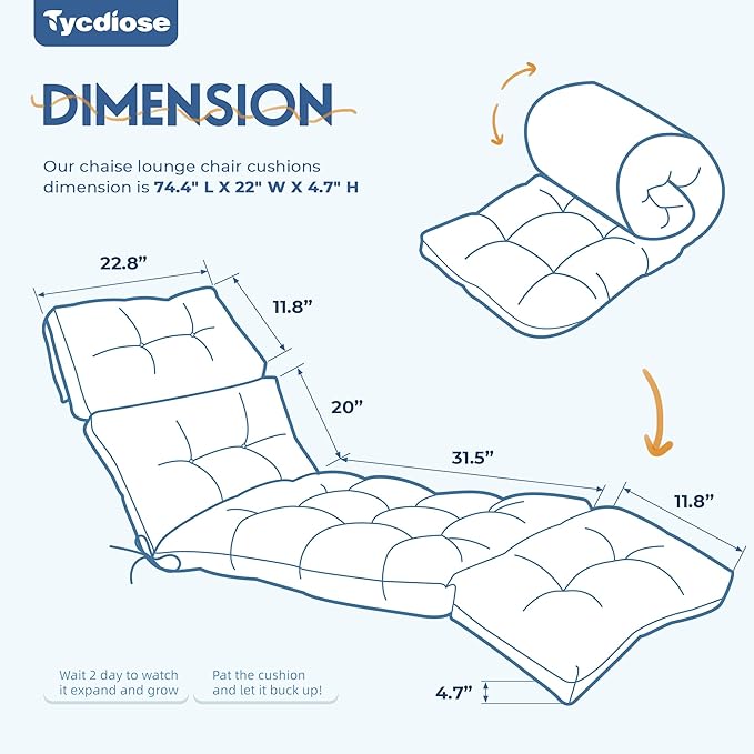 Outdoor Chaise Lounge Chair Cushion Waterproof 74.4 x 22 x 4.7 Inches Lounge Chair Cushions Replacement for Outdoor Furniture with Ties, Thickened Pool Lounge Chair Cushion, Royal Blue