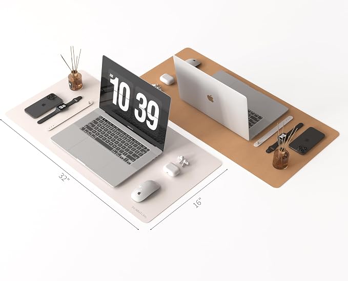 RENMTURE Dual-Sided Large Desk Pad, Faux Leather Natural Cork Mouse pad, Desk Accessories Protector, for Office and Home Work (Off-White, 32"x16")
