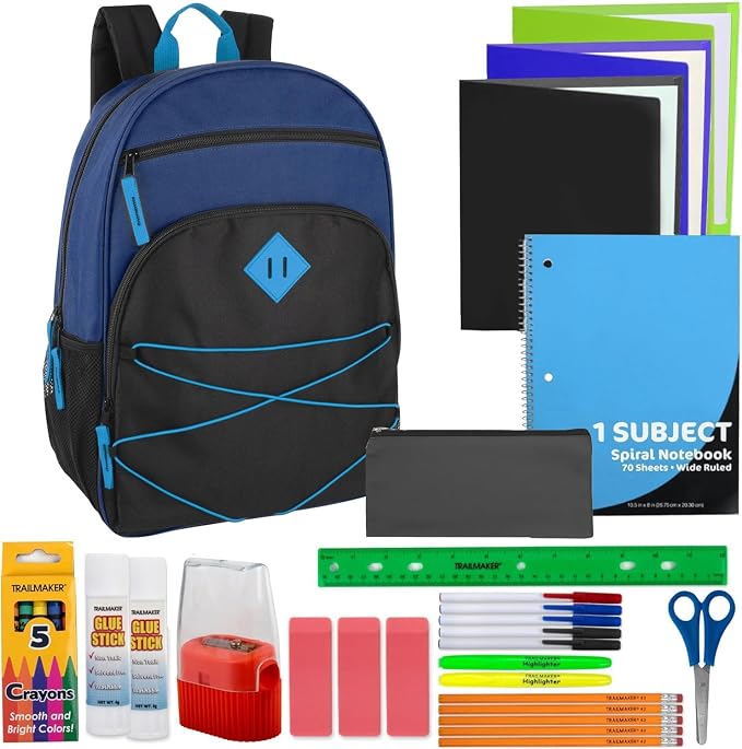 Trail maker Kids Backpacks with School Supplies for Boys, Girls | 30 Piece Back to School Supplies Set with 17" Bungee Backpack (Navy & Black)