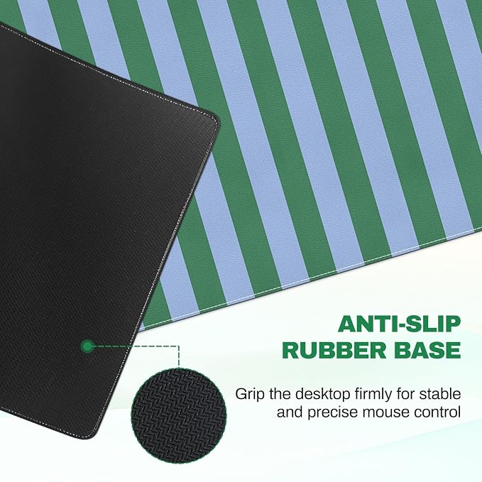 PU Leather Desk Mat,Large Desk Cover Desk Blotter Protector Computer Gaming Mouse Pad Striped Mat Table Laptop Office Desktop Accessories, Green Blue Writing Pad