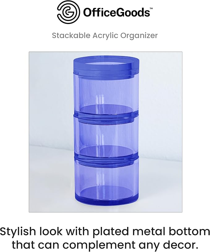 3-Tier Stackable Acrylic Holder- Stylish Desk Organizer and Storage for Office or Home – Transparent Round Design, Blue with Silver Metal Base