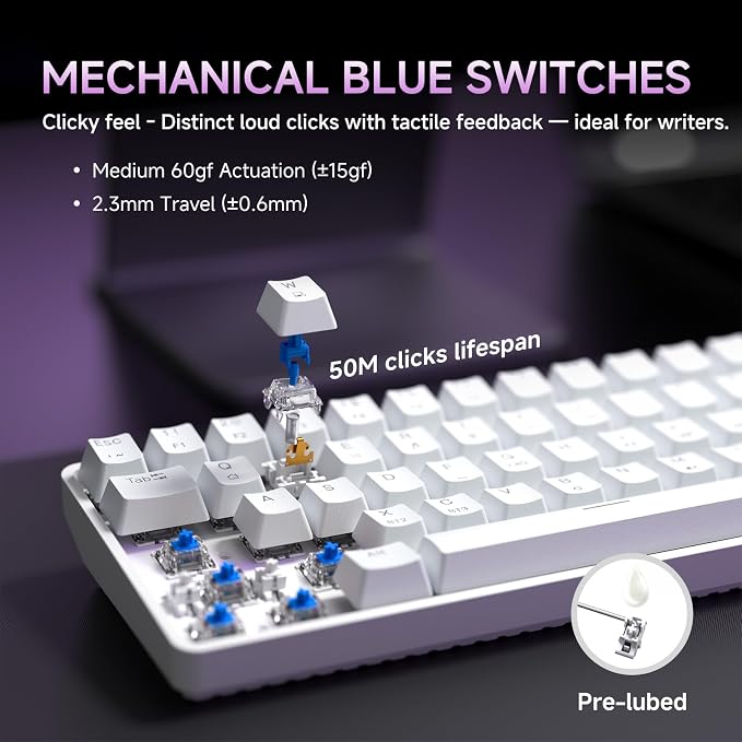 DIERYA DK68 Wireless Mechanical Keyboard, 60% Gaming Keyboard with Blue Switch, Triple Mode 2.4GHz/USB-C/BT5.0, RGB Backlit, Anti-Ghosting Keys, 68 Keys Portable Mini Wired Office Keyboard-White