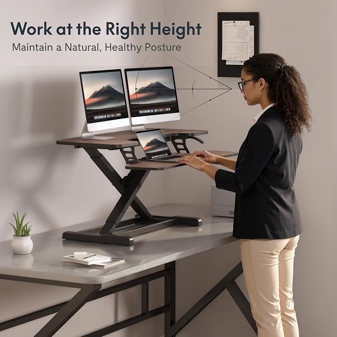 FLEXISPOT Standing Desk Converter 42" Premium Large Desk Riser for Triple Monitor, Spacious Desktop Sit Stand Workstation with Ergonomic Height Adjustment, Modern Stand Up Desk Riser, Walnut