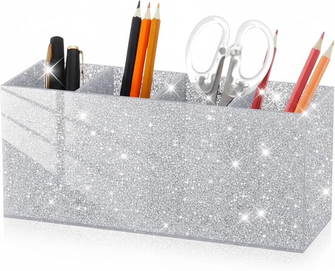 Jetec Acrylic Glitter Pen Holder 4 Compartments Bling Makeup Brush Stationery Organizer Pencil Holder for Desk Accessories Sparkly Gifts for Women Birthday Valentines Desktop Workplace Office(Sliver)