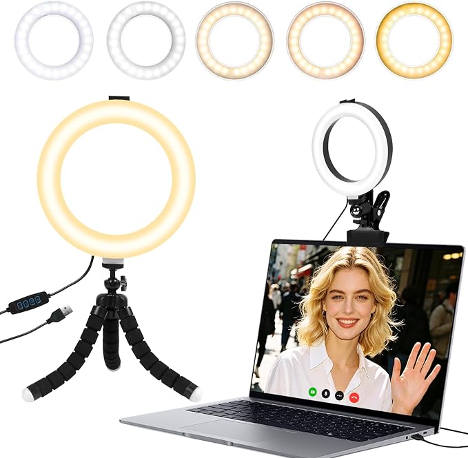 Clip on Ring Light for Laptop, TPQKA 16cm Video Conference Lighting Kit with 5 Color Temperatures & 5 Brightness Levels, Dimmable Webcam Light for Zoom Calls, Remote Working, Live Streaming