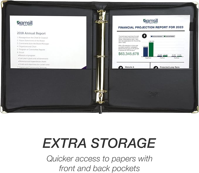 Samsill Classic Collection Leather Binder, Zippered, Executive Presentation Portfolio, 1.5 Inch (Holds 325 Sheets), Brass Round Ring, Black
