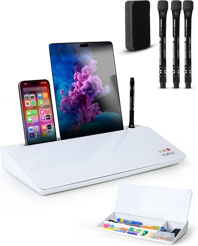 Small Glass Desktop Whiteboard with Storage,15.3"x7.08"x2.16" inch Desk White Board with Markers & Duster, Desktop Dry Erase Board, Desk Buddy Organizer for Home, Office, School (White)