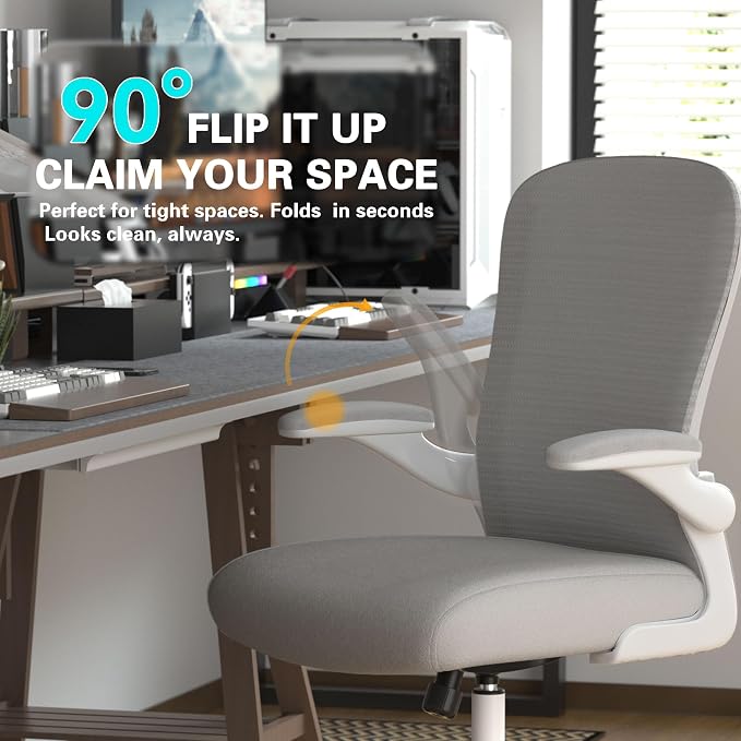 Ergonomic Home Office Chair – 4-Way Lumbar Support, 3.54" Extra-Thick Seat Cushion, Breathable Mesh Back, Flip-Up Arms, Swivel Computer Desk Chair for All-Day Sitting, 330LBS (White-Grey and Silver)
