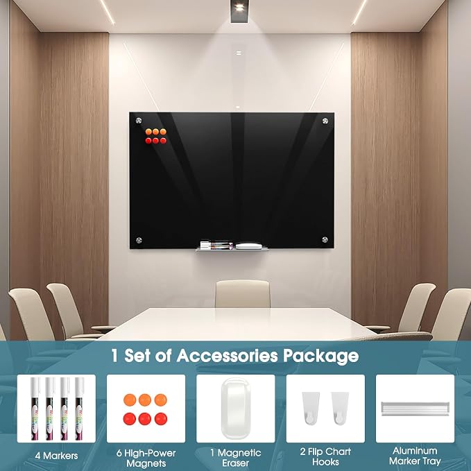 MaxGear 36" x 24" Glass Whiteboard Wall Mounted for Office Home Classroom | Magnetic Glass Dry Erase Board, Tempered Glass, Steel Backed, Non-Porous Surface, Frameless Design, Hardware Included