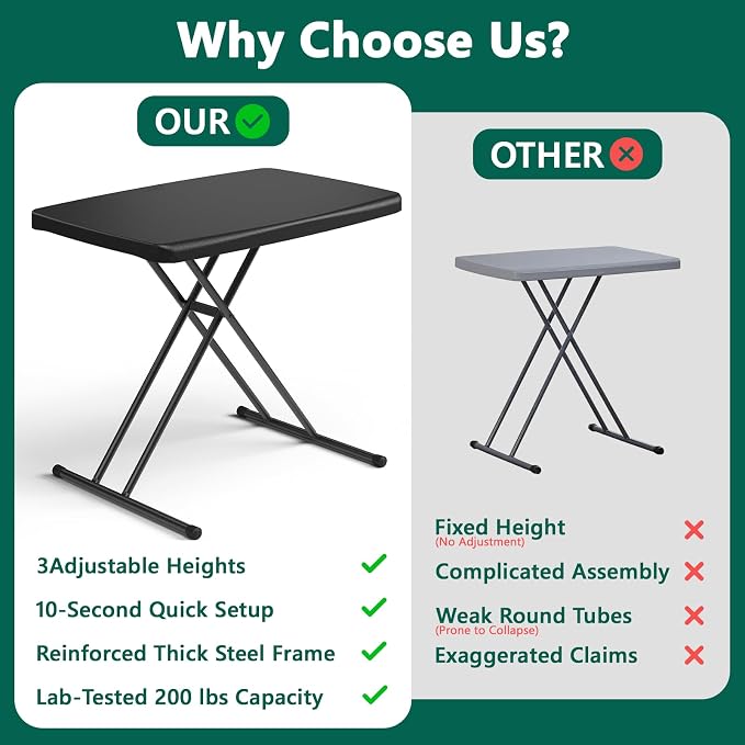 Folding Table 30 Inch - Small Desk Adjustable Height TV Tray for Laptop, Couch, Camping - Heavy Duty Utility Foldable Table for Small Spaces, No Assembly Required, Black Granite