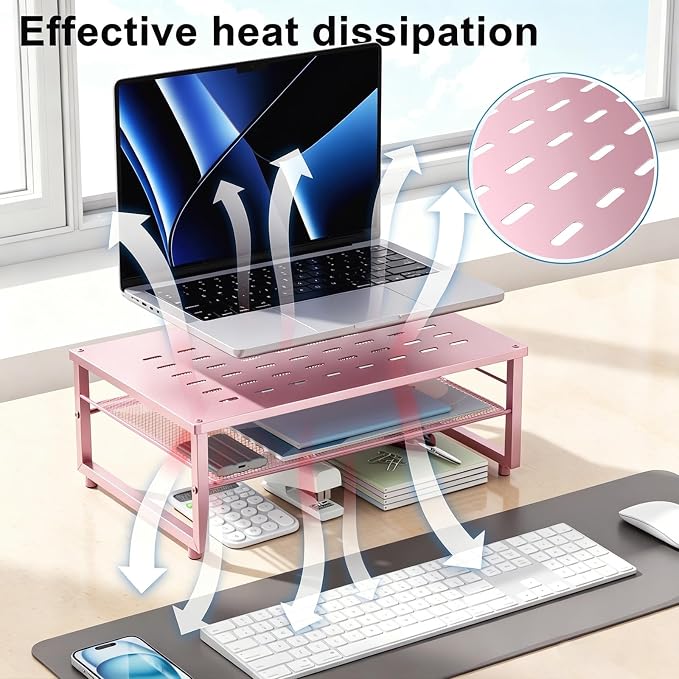 Gianotter 2-Tier Metal Monitor Stand Riser, Workspace Organizer with Desk Accessories, Office Storage for Supplies (Pink)