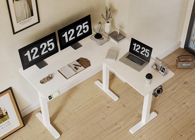Claiks L-Shaped Electric Standing Desk with Dual Motors, 59 x 51 Inch White | 3 Memory presets for height adjustment, 28.3 to 46.5 inch range, 176 lbs capacity, steel frame, waterproof desktop