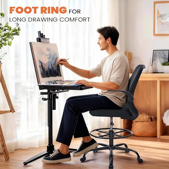 Drafting Chair for Standing Desks, 500LBS Capacity Tall Office Chair with Adjustable Height, Foot Ring, Flip-Up Armrests, Thick Curved Seat for Home Office, Drawing, and Creative Work