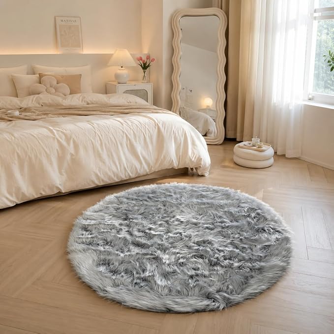 EasyJoy Faux Sheepskin Rug, Fluffy Faux Fur Rug, Ultra Soft Shag Area Rug with Non-Slip Backing for Bedroom, Living Room, Nursery, Kids Room(4 x 4 ft Round, Frosted Bottom Gray)