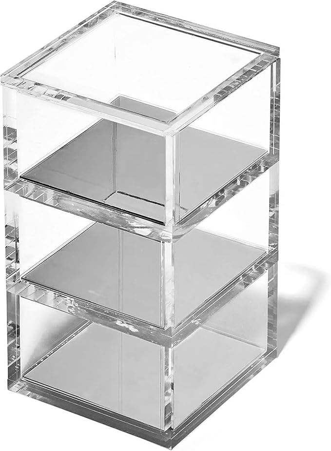 3-Tier Stackable Acrylic Holder, Clear with Silver Metal Base | Stylish desk organizer and storage for office or home, Transparent square design, Functional and elegant desk accessories