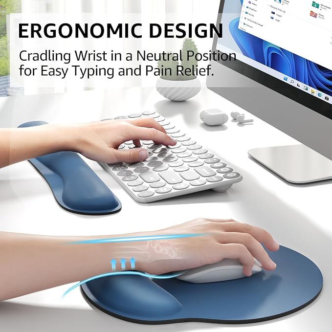 KTRIO Keyboard Wrist Rest & Mouse Pad with Wrist Rest Set, Navy Blue | Memory Foam Wrist Support, Ergonomic Design, Non-Slip Base, Office and Home Use