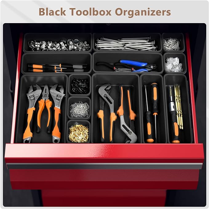 A-LuGei 【𝟰𝟲𝗣𝗖𝗦 & 5 Size】 Tool Box Organizer Tray Divider Set, 【Black】 Bathroom Drawer Organizer Bin, Garage Organization and Storage Toolbox Rolling Tool Chest Cart Cabinet WorkBench Small Part