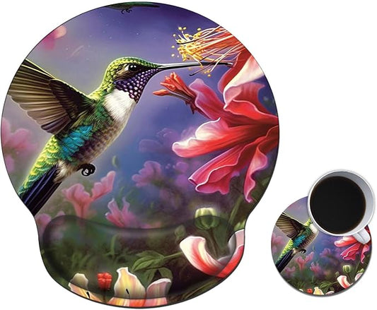 Mouse Pad with Wrist Support Gel, Ergonomic Mouse Pad with Comfortable Wrist Rest, Gaming Mousepad Non-Slip PU Base for Laptop Office Easy Typing & Pain Relief,Hummingbird Red Flower