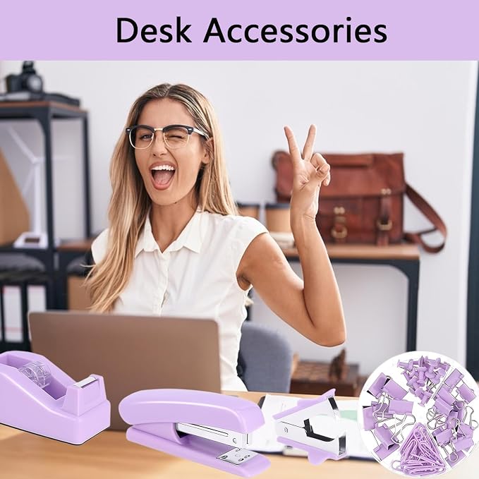 Office Supplies,Purple Desk Accessories,Office Supplies Set,Stapler and Tape Dispenser Set,Scissors,Staple Remover,Binder Clips,Staples,Ballpoint Pen,Index Tabs with Ruler,Clear Tape.9pcs for Office