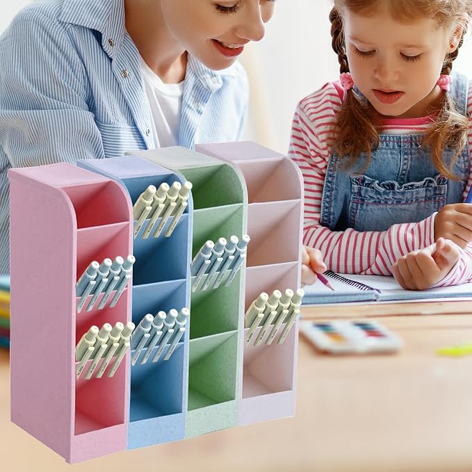 4-Grid Vertical Desk Organizer, Plastic Pen Holder | Pencils & Markers & Pens | Multifunctional Stationery Caddy | School Home Office(Pink)