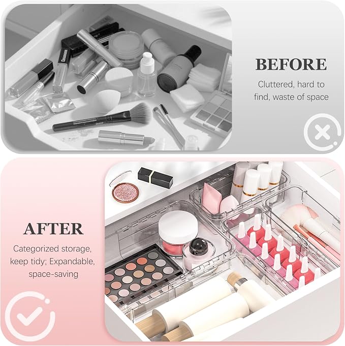 DILIBRA 12 Pcs Clear Extendable Drawer Organizer, Adjustable Drawer Storage | 2-Size Desk Drawer Organizer, Plastic Non-Slip Storage Bins for Makeup Cosmetic Jewelries Utensils Stationery Dressers Tool