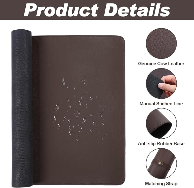 Tegeme Genuine Leather Desk Mat Large Desk Pad 31.5 x 15.7 Inch Non Slip Leather Table Protector with Stitched Edges and Rubber Base Brown Stylish Laptop Mat Smooth Writing for Workspace Home Office