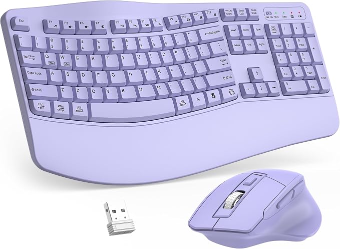 Wireless Keyboard and Mouse Combo, 2.4G Full Size Wave Keys Ergonomic Keyboard with Wrist Rest and 3-Level DPI Adjustable Wireless Ergonomic Mouse for Windows, Mac OS Desktop/Laptop/PC(Purple)