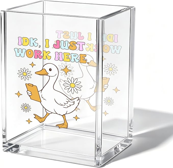 Funny Goose Acrylic Cosmetic Pen Pencil Holder Cup, I Just Work Here Pencil Organizer, Cute Unique Office Desk Accessories, Humorous Sarcastic Gifts for Women Boss Colleague Teacher（A02）