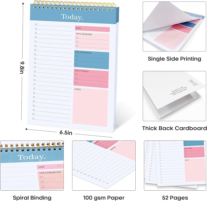 Taja 6 Pack of To Do List Notepad - To Do List Notebook for Work with 52 Sheets, 9.8" x 6.5", Undated Daily Planner Perfect for Daily Tasks and Goal Setting, Notepad Suitable for Office, Home & School - Early Dawn