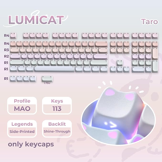 OHY XVX Lumicat Mao Profile PBT Keycaps, 113 Keys Double-Shot Dye-Sublimation Side Printed Taro Keycap Set, Ergonomic Mao Profile Custom Keycaps Compatible with MX Switches Mechanical Keyboard