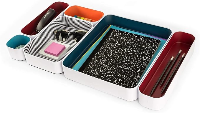 Three by Three Seattle Metal Drawer Organizer Tray Set, 6-Pc (Berry Mix) | Deep 2" food-safe colorful metal bins; soft non-scratch base; kitchen, vanity, bathroom & office drawer storage
