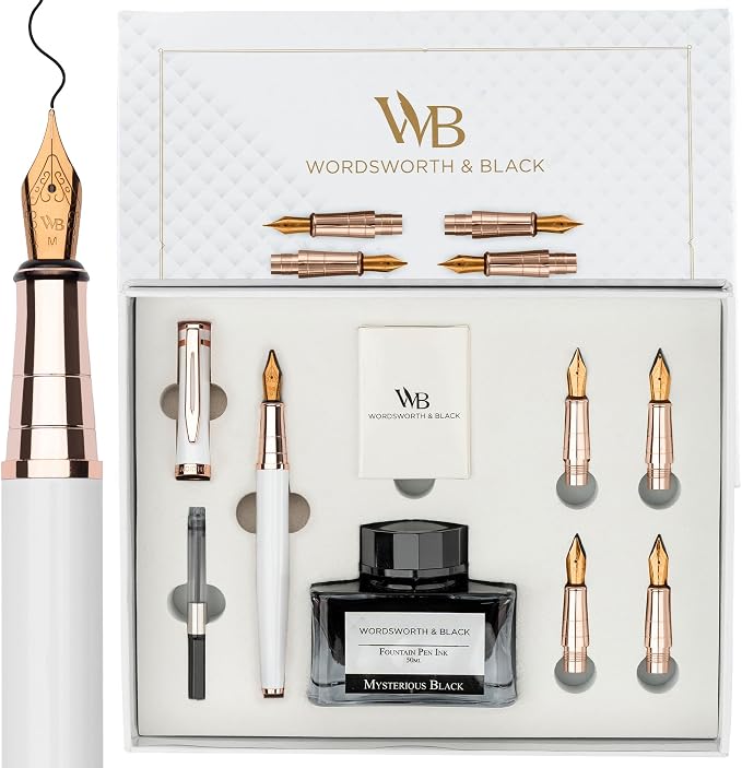 Wordsworth & Black Fountain Pen Gift Set, Includes Ink Bottle, 6 Ink Cartridges, A Refill Converter, 4 Replacement Nibs, Journaling, Calligraphy, Smooth Writing Pens [White Rose Gold]