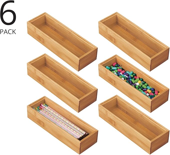 mDesign Wooden Bamboo Office Drawer Organizer Box Tray, Stackable Storage for Drawers, Cabinets, Shelves, Cubby, or Desktop, Hold Pens, Pencils, Supplies, Echo Collection, 6 Pack, Natural Wood Finish