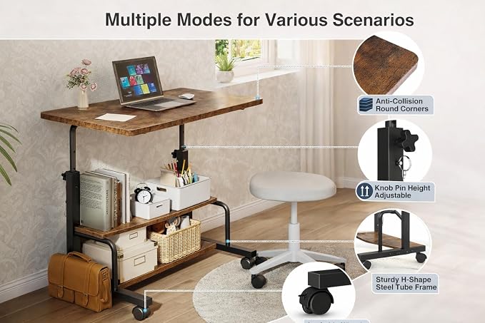 Simple Deluxe 31.5" Manual Standing Desk, Height Adjustable Mobile Computer Desk with Lockable Wheels & 2-Tier Storage, Rolling Laptop Table for Small Spaces & Home Office, Brown