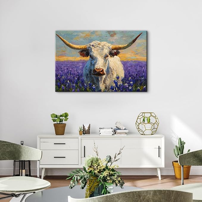 Colorful Animal Wall Art Longhorn Cattle Wall Decor for Living Room Vintage Lavender Fields Painting Poster Retro Farmhouse Country Wildlife Canvas Pictures Artwork Bedroom Office Decorations 24x36"