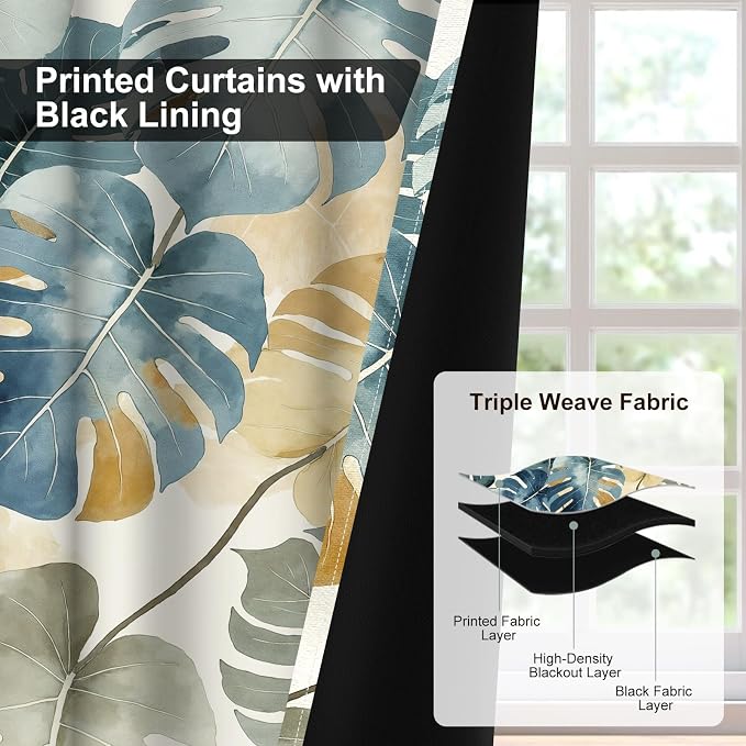 Blackout Curtains for Bedroom and Living Room, Grommet Thermal Insulated Room Darkening Bedroom Curtains, Monstera Leaves Drapes 84 Inch Long 2 Panels Set Light Filtering Reduce Noise Protect Privacy