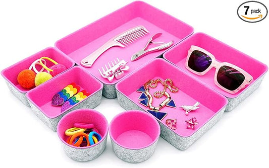 Welaxy Drawer organizers bins felt trays desk storage dividers small round organizing box for office supplies closet cabinet makeup holder 7-piece (Hot pink)