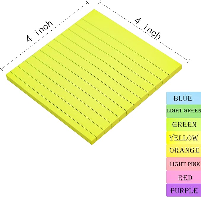 8 Pads Lined Sticky Notes 4x4 in Post, 8 Colors Self Sticky Notes Pad Its, Bright Stickies Colorful Big Square Sticky Notes for Office, Home, School, Meeting, 50 Sheets/Pad