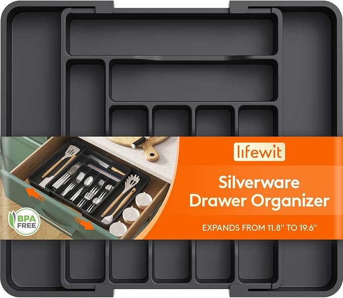 Lifewit Utensil Organizer for Kitchen Drawer, Expandable Cooking Silverware Tray, Adjustable Cutlery Flatware Holder, Plastic Spatula Tools Storage Divider, 11.8-19.6 x 15", Black