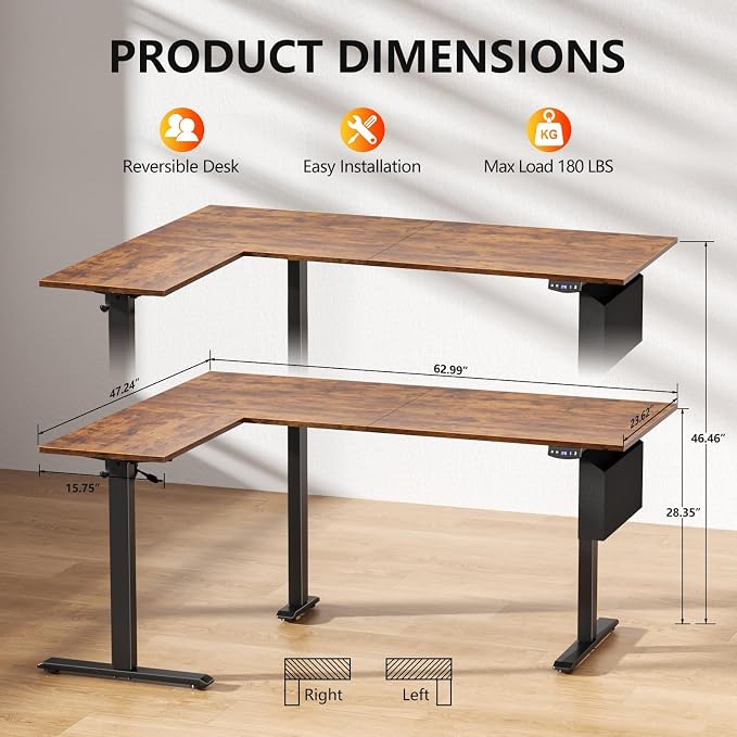 Korfile L Shaped Electric Standing Desk,63 Inch Adjustable Height Sit to Stand Corner Desk with Memory Presets, Reversible Computer Table for Home Office, Work and Study, Rustic Brown