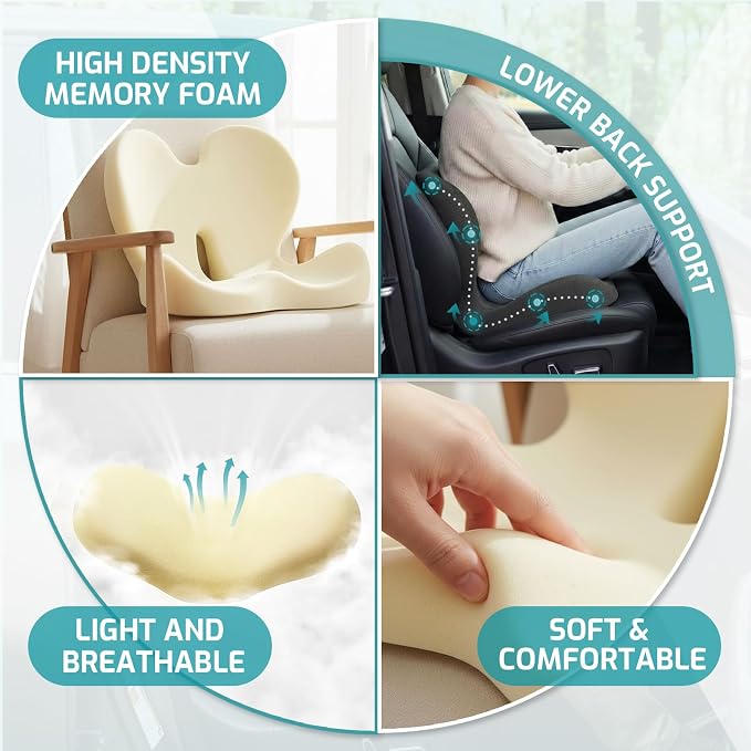 Trucker Seat Cushion, Thick Car Seat Cushions with Lumbar Support Pillow, Ergonomic L-Shaped Orthopedic Memory Foam for Long Driving Lower Back Pain Sciatica Relief, Gift for Drivers (Black+WE)