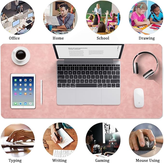 Distressed Leather Desk Mat - Non-Slip PU Leather Desk Pad Protector - Large Waterproof Mouse Pad Computer Keyboard Desk Mat Desk Accessories for Office & Home (Pink, 36"x 17")